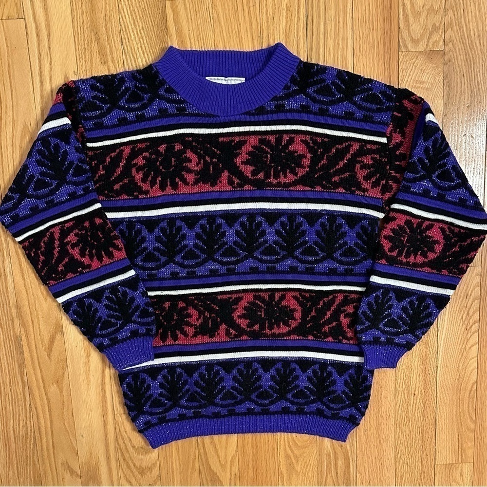 VTG Schrader Knit 80s 90s Knit Metallic Pattern Sweater L Pink Purple Blk Silver